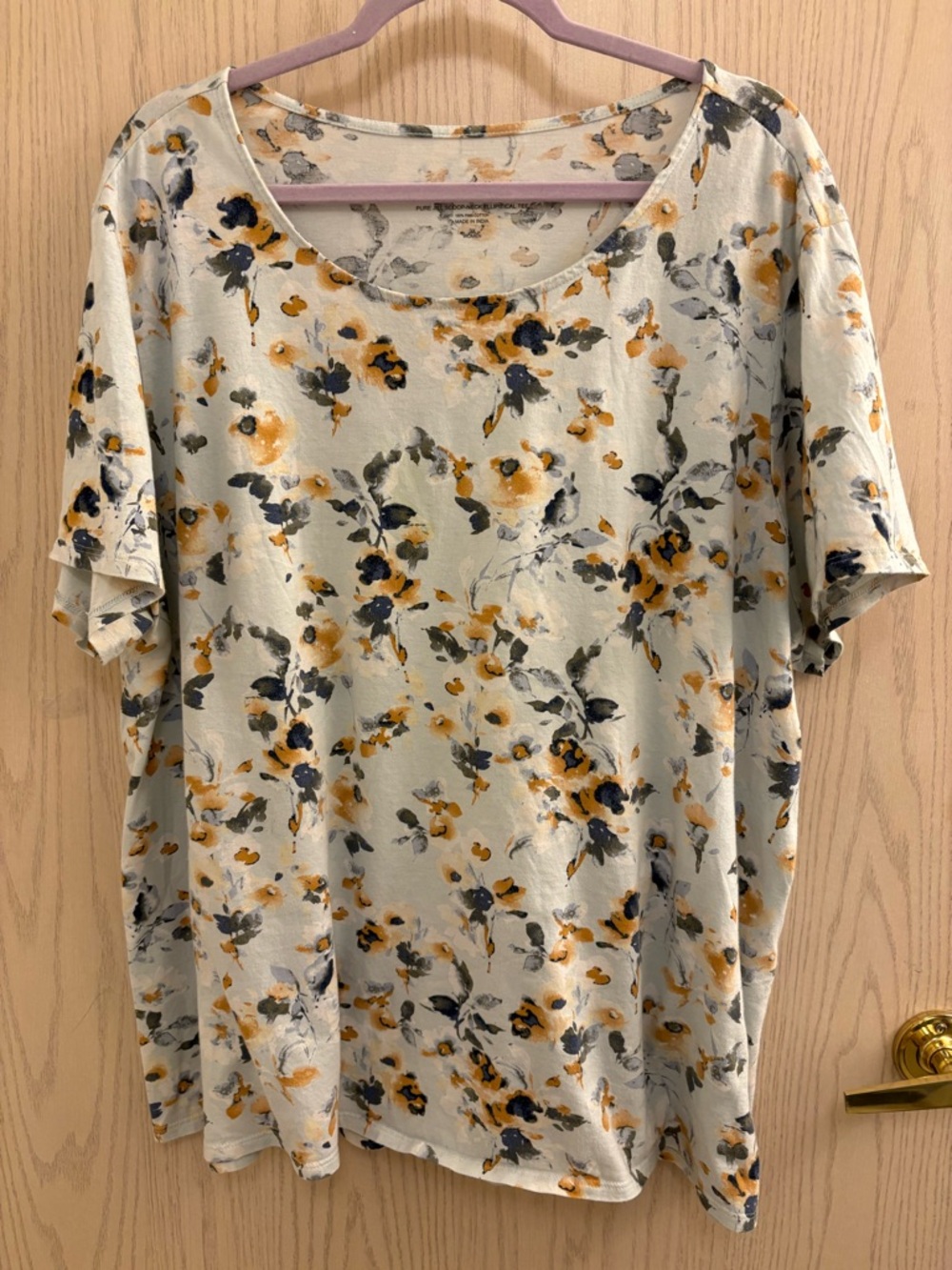 J. Jill Soft Blue Short-Sleeve Scoop Neck Top - Light Cream/Yellow Floral Print